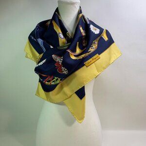Salvatore Ferragamo Silk Scarf Navy with Yellow Floral & Butterfly Print
